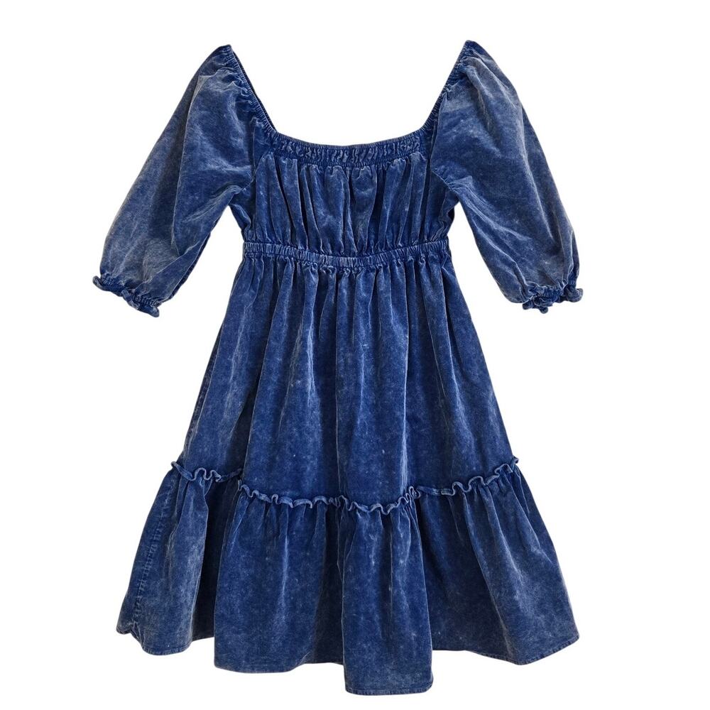Acid Wash Velvet Mini Dress Cottagecore Smocked Bodice Whimsical Renaissance S